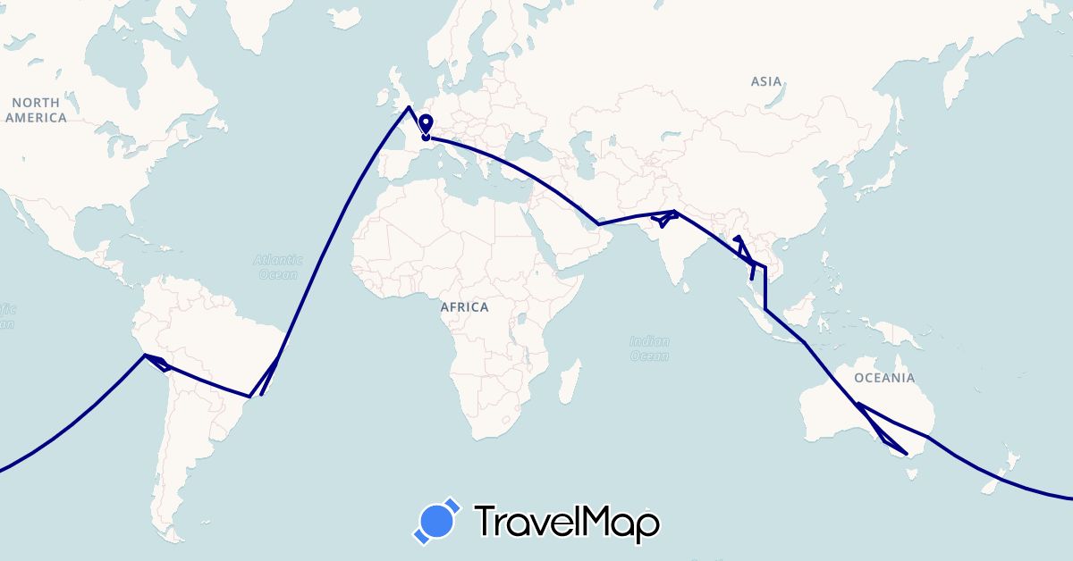 TravelMap itinerary: driving in United Arab Emirates, Australia, Brazil, France, United Kingdom, Indonesia, India, Cambodia, Myanmar (Burma), Peru, Singapore, Thailand (Asia, Europe, Oceania, South America)